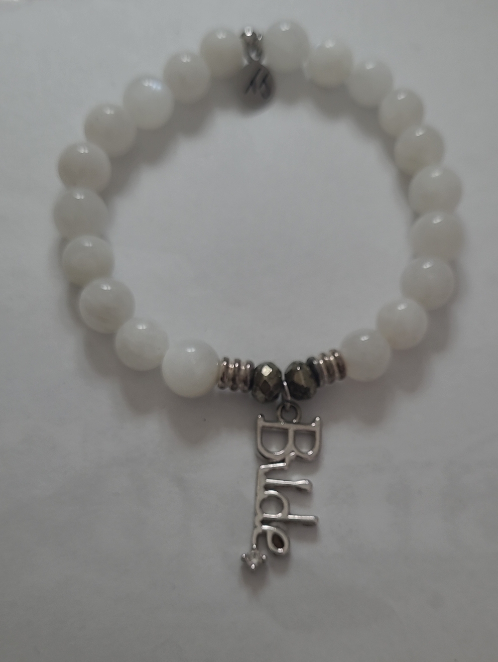 T. Jazelle White Jade Bride Script Word Charm Bracelet Silver Accent